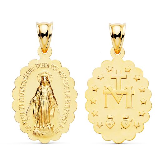 18K Medalla Oro Amarillo Virgen De La Milagrosa Oval Matizada 25X18 Mm