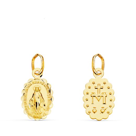 18K Medalla Oro Amarillo Virgen De La Milagrosa Oval Tallada 12X9 Mm