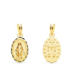 18K Medalla Oro Amarillo Virgen De La Milagrosa Oval Tallada 15X10 Mm