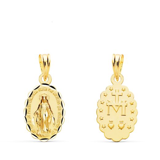 18K Medalla Oro Amarillo Virgen De La Milagrosa Oval Tallada 15X10 Mm