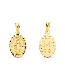 18K Medalla Oro Amarillo Virgen De La Milagrosa Oval Tallada 15X11 Mm