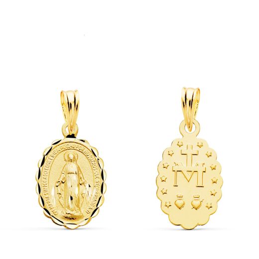18K Medalla Oro Amarillo Virgen De La Milagrosa Oval Tallada 15X11 Mm