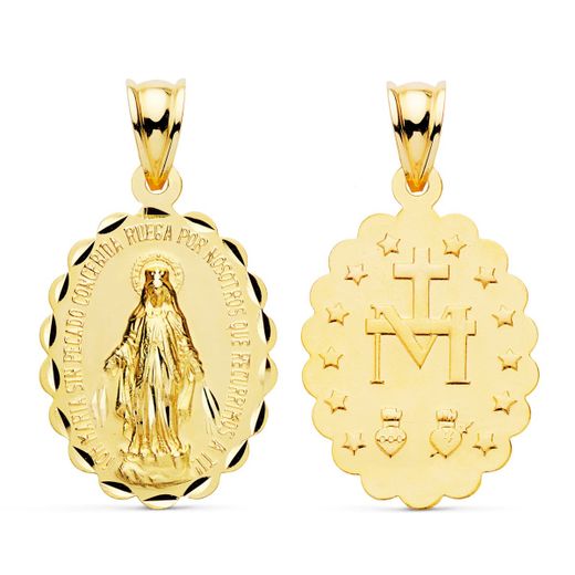 18K Medalla Oro Amarillo Virgen De La Milagrosa Oval Tallada 25X18 Mm