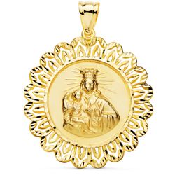 18K Medalla Oro Amarillo Virgen Del Carmen Cerco Filigrana Tallado 37X37 Mm