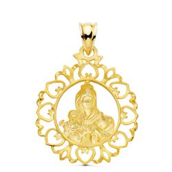 18K Medalla Oro Amarillo Virgen Del Carmen Cerco Orla Con Corazones 30X25 Mm