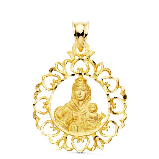 18K Medalla Oro Amarillo Virgen Del Carmen Cerco Orla Con Corazones 30X25 Mm