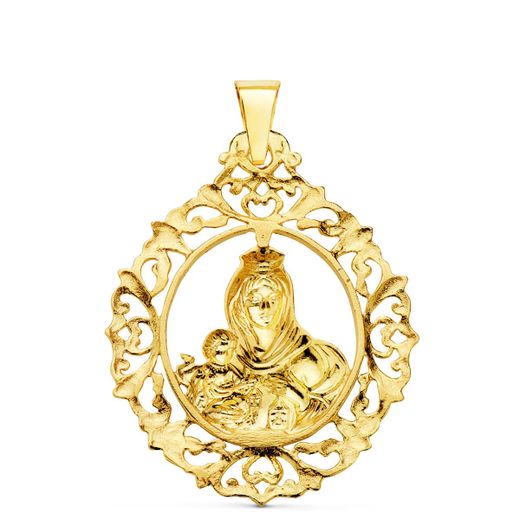 18K Medalla Oro Amarillo Virgen Del Carmen Orla Filigrana 37X30 Mm