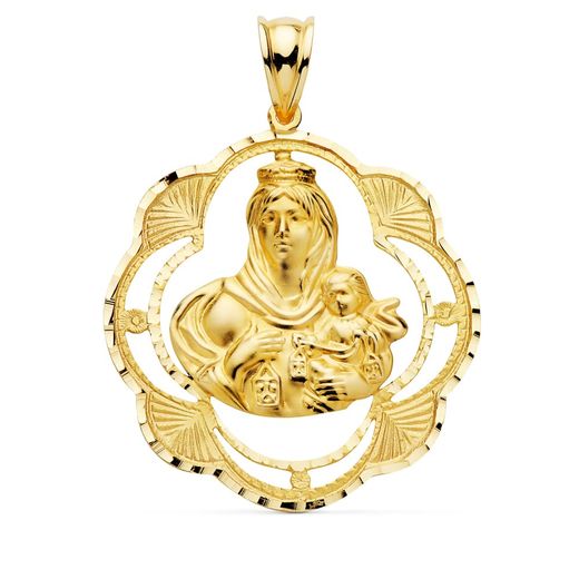 18K Medalla Oro Amarillo Virgen Del Carmen Pandereta 32X28 Mm