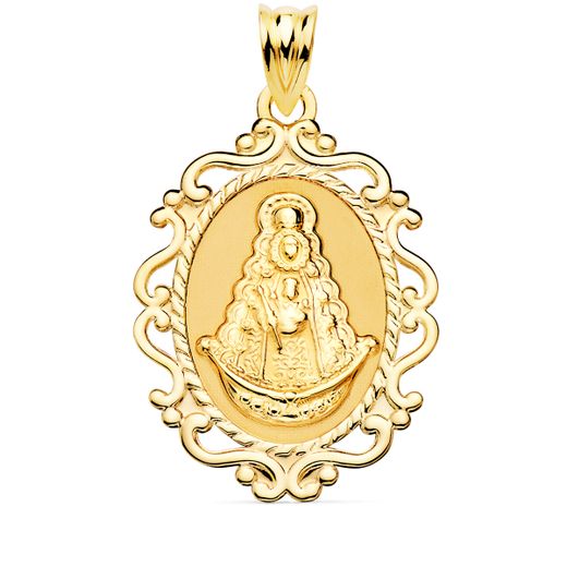 18K Medalla Oro Amarillo Virgen Del Rocio Cerco Calado En Brillo 31X21 Mm