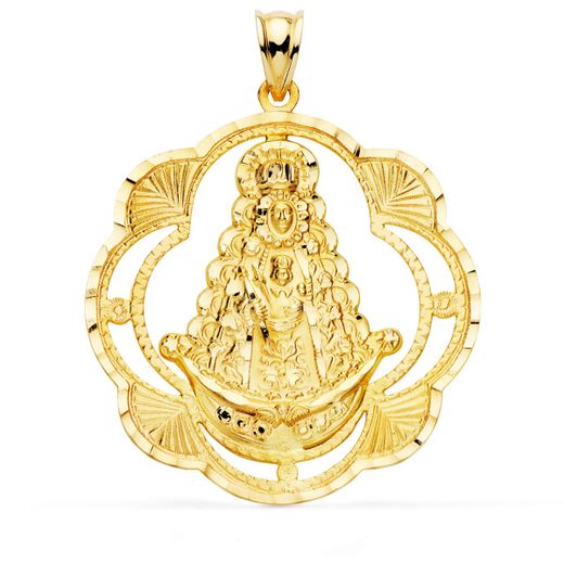 18K Medalla Oro Amarillo Virgen Del Rocio Pandereta 38X34 Mm