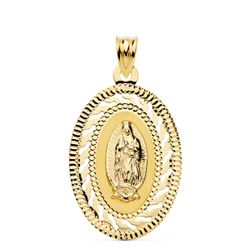 18K Medalla Oro Amarillo Virgen Guadalupe Cerco Calado Y Tallado. 34 X 22 Mm