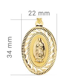 18K Medalla Oro Amarillo Virgen Guadalupe Cerco Calado Y Tallado. 34 X 22 Mm