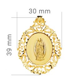 18K Medalla Oro Amarillo Virgen Guadalupe Cerco Filigrana 39X30 Mm