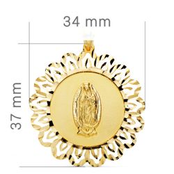 18K Medalla Oro Amarillo Virgen Guadalupe Cerco Tallado 37X34 Mm