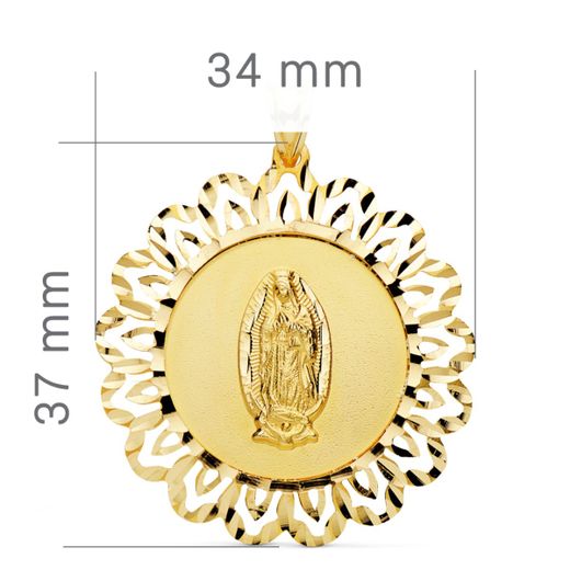 18K Medalla Oro Amarillo Virgen Guadalupe Cerco Tallado 37X34 Mm