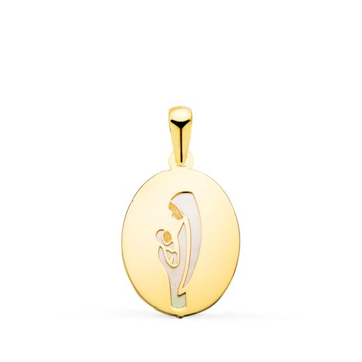 18K Medalla Oro Amarillo Virgen Madre Oval Con Nacar Blanco En Brillo. Medida: 15X12 Mm