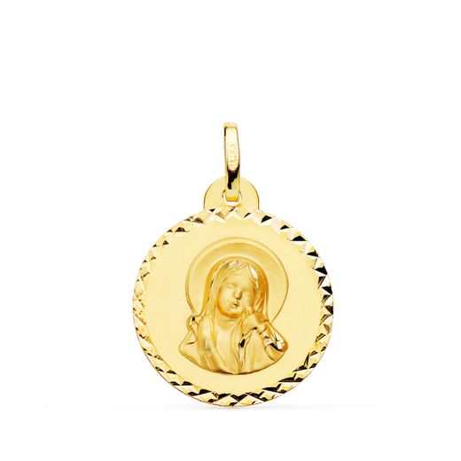 18K Medalla Oro Amarillo Virgen Maria Y Espiritu Santo Talla Cruzada 20 Mm