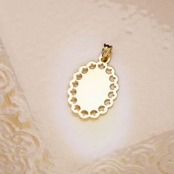 18K Medalla Oro Amarillo Virgen Milagrosa Cerco Calado 34 X 22 Mm