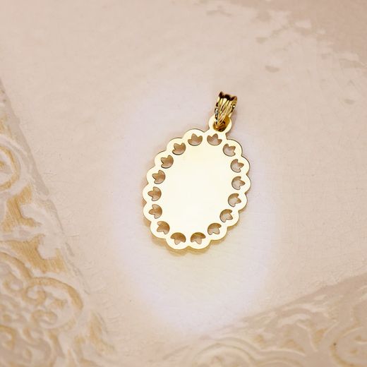 18K Medalla Oro Amarillo Virgen Milagrosa Cerco Calado 34 X 22 Mm