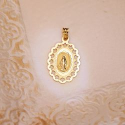 18K Medalla Oro Amarillo Virgen Milagrosa Cerco Calado 34 X 22 Mm