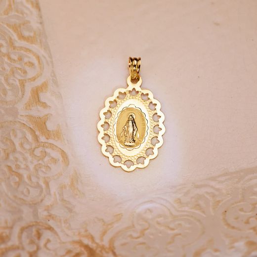 18K Medalla Oro Amarillo Virgen Milagrosa Cerco Calado 34 X 22 Mm