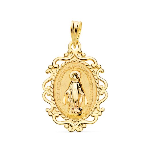 18K Medalla Oro Amarillo Virgen Milagrosa Cerco Filigrana En Brillo Frances 23 X 16 Mm