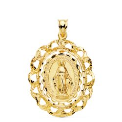 18K Medalla Oro Amarillo Virgen Milagrosa Cerco Filigrana Tallado 30X25 Mm