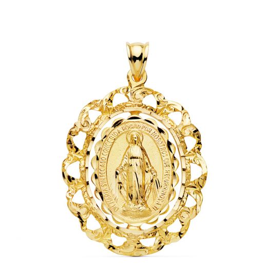 18K Medalla Oro Amarillo Virgen Milagrosa Cerco Filigrana Tallado 30X25 Mm