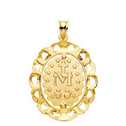 18K Medalla Oro Amarillo Virgen Milagrosa Cerco Filigrana Tallado 30X25 Mm