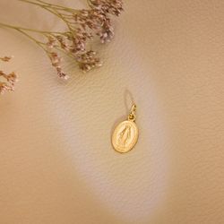 18K Medalla Oro Amarillo Virgen Milagrosa Oval 14 X 10 Mm