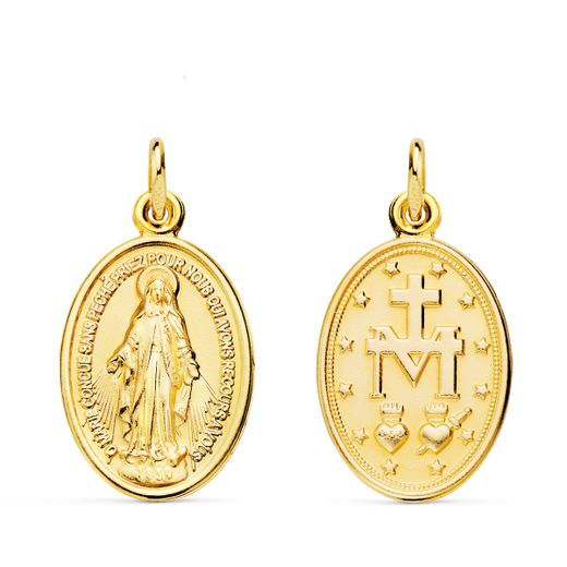 18K Medalla Oro Amarillo Virgen Milagrosa Oval 29 X 18 Mm