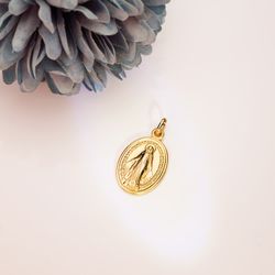 18K Medalla Oro Amarillo Virgen Milagrosa Oval 29 X 18 Mm