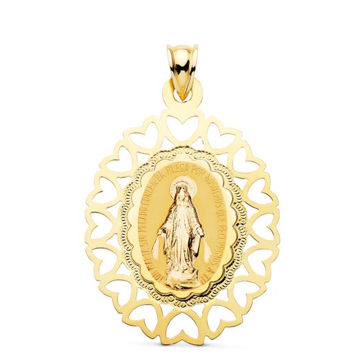 18K Medalla Oro Amarillo Virgen Milagrosa Oval Cerco Corazones. 40 X 33 Mm