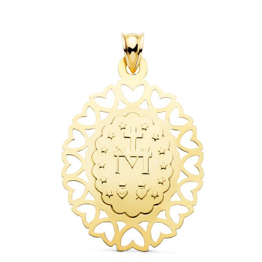 18K Medalla Oro Amarillo Virgen Milagrosa Oval Cerco Corazones. 40 X 33 Mm