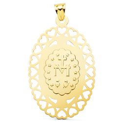 18K Medalla Oro Amarillo Virgen Milagrosa Oval Cerco Corazones. 50 X 35 Mm