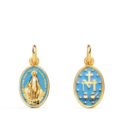 18K Medalla Oro Amarillo Virgen Milagrosa Oval Esmalte Azul. Medida: 16 X 10 Mm