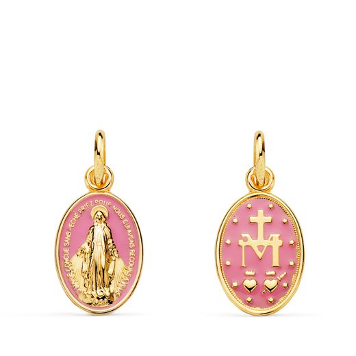 18K Medalla Oro Amarillo Virgen Milagrosa Oval Esmalte Rosa. Medida: 16 X 10 Mm