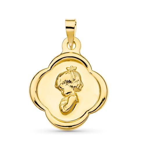 18K Medalla Oro Amarillo Virgen Niña 23X19 Mm Todo Brillo