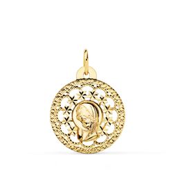 18K Medalla Oro Amarillo Virgen Niña Calada 23X20 Mm