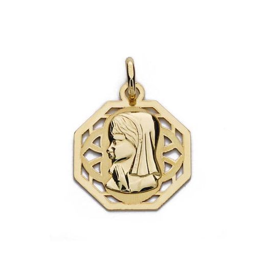 18K Medalla Oro Amarillo Virgen Niña Cerco Calado 17X14 Mm