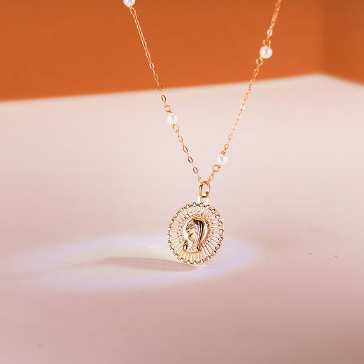 18K Medalla Oro Amarillo Virgen Niña Cerco Calado 20X18 Mm
