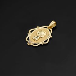 18K Medalla Oro Amarillo Virgen Niña Cerco Calado Brillo Con Circonita 24X17 Mm