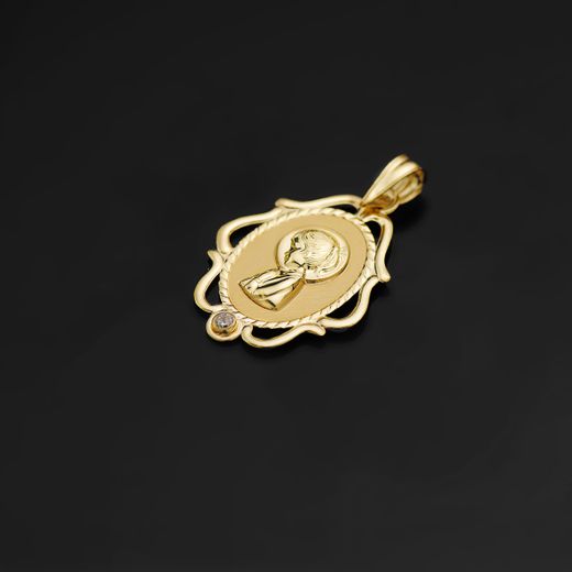18K Medalla Oro Amarillo Virgen Niña Cerco Calado Brillo Con Circonita 24X17 Mm