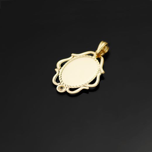 18K Medalla Oro Amarillo Virgen Niña Cerco Calado Brillo Con Circonita 24X17 Mm