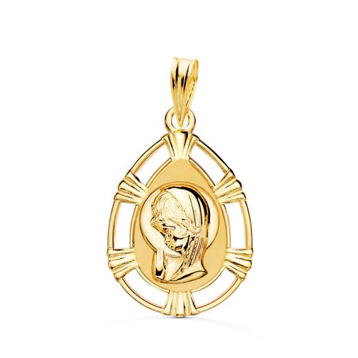 18K Medalla Oro Amarillo Virgen Niña Cerco Calado Brillo Forma Gota 23X15 Mm