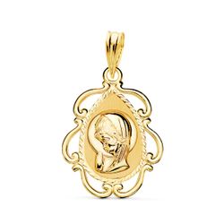 18K Medalla Oro Amarillo Virgen Niña Cerco Calado En Brillo . 22 X 16 Mm