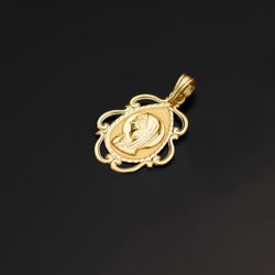 18K Medalla Oro Amarillo Virgen Niña Cerco Calado En Brillo . 22 X 16 Mm