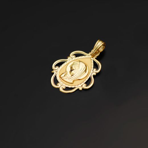 18K Medalla Oro Amarillo Virgen Niña Cerco Calado En Brillo . 22 X 16 Mm