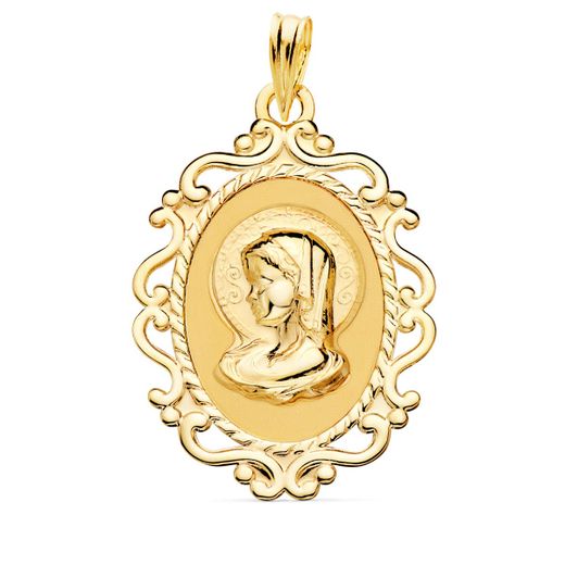 18K Medalla Oro Amarillo Virgen Niña Cerco Calado En Brillo. 31 X 21 Mm