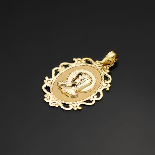 18K Medalla Oro Amarillo Virgen Niña Cerco Calado En Brillo. 31 X 21 Mm